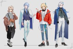Rule 34 | 4boys, :|, albedo (genshin impact), alternate costume, aqua belt, aqua eyes, arm at side, asymmetrical bangs, belt, black footwear, black gloves, black pants, black socks, blonde hair, blue coat, blue hair, blue necktie, bolo tie, brooch, brown jacket, candy, clenched hand, closed mouth, coat, coat on shoulders, collared shirt, cross-laced clothes, curtained hair, denim, drawstring, earrings, expressionless, fanny pack, feather hair ornament, feathers, food, frilled shirt, frilled sleeves, frills, full body, genshin impact, gloves, grey background, grey shirt, grey sweater vest, grey vest, hair between eyes, hair ornament, hair over shoulder, hand in pocket, hand up, headphones, highres, holding, holding candy, holding food, holding lollipop, hood, hood down, hoodie, jacket, jeans, jewelry, kamisato ayato, kaveh (genshin impact), light blue hair, lineup, lollipop, long hair, long sleeves, looking at viewer, lowro (en), male focus, medium hair, mole, mole under mouth, multicolored hair, multiple boys, necktie, neuvillette (genshin impact), off shoulder, open clothes, open jacket, oxfords, pants, purple eyes, red eyes, red jacket, sayagata, shirt, shirt tucked in, shoes, simple background, smile, sneakers, socks, standing, streaked hair, sweater vest, tie clip, torn clothes, torn jeans, torn pants, two-tone footwear, untucked shirt, vest, white coat, white footwear, white hair, white hoodie, white pants, white shirt