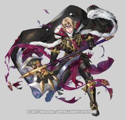 Rule 34 | armor, axe, black armor, black footwear, black gloves, blonde hair, cape, copyright name, crown, fire emblem, fire emblem fates, fire emblem heroes, fur trim, gloves, holding, holding axe, holding polearm, holding weapon, king, nintendo, official alternate costume, official art, p-nekor, polearm, red eyes, torn clothes, weapon, xander (fire emblem), xander (gallant king) (fire emblem)