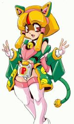 Rule 34 | 1990s (style), 1girl, animal ears, armor, bell, blonde hair, cat ears, cat girl, cat tail, collar, detached sleeves, fang, faulds, female focus, kyatto ninden teyandee, neck bell, otama (kyatto ninden teyandee), panties, red eyes, retro artstyle, short hair, sidelocks, solo, tail, takeshi aono, thighhighs, underwear, white background, white panties, white thighhighs