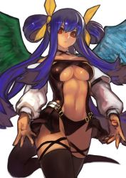 Rule 34 | 1girl, angel wings, asymmetrical wings, bare shoulders, belt, black panties, blue hair, breast press, breasts, choker, cleavage, collarbone, commentary, detached sleeves, dizzy (guilty gear), english commentary, guilty gear, guilty gear x, guilty gear xx, hair between eyes, hair ribbon, hair rings, knees up, large breasts, lips, long hair, long sleeves, looking at viewer, looking down, midriff, monster girl, navel, open mouth, panties, partially visible vulva, puffy long sleeves, puffy sleeves, red eyes, ribbon, simple background, skindentation, solo, stomach, tail, thick thighs, thigh strap, thighs, toned, twintails, underboob, underwear, unizama, wings, yellow ribbon