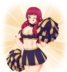 Rule 34 | 1girl, ;q, abs, absurdres, breasts, cheerleader, cleavage, cleavage cutout, clothing cutout, fire emblem, fire emblem engage, hair ornament, highres, large breasts, long hair, midriff, miniskirt, nintendo, one eye closed, pleated skirt, pom pom (cheerleading), red eyes, red hair, seityr, simple background, skirt, sleeveless, smile, star (symbol), star hair ornament, sticker on face, sunburst, sunburst background, tongue, tongue out, yunaka (fire emblem)
