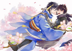 Rule 34 | 10s, 2boys, bad id, bad pixiv id, black hair, blue eyes, blush, cherry blossoms, covering another&#039;s mouth, doudanuki masakuni, gradient background, hand over another&#039;s mouth, japanese clothes, male focus, mikazuki munechika, morning6am, multiple boys, open mouth, petals, scar, scarf, touken ranbu, yaoi, yellow eyes