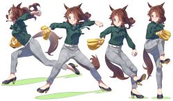 Rule 34 | 1girl, :o, absurdres, animal ears, ball, baseball, baseball glove, belt, breasts, brown hair, clenched teeth, green eyes, green shirt, grey pants, high heels, highres, holding, holding ball, horse ears, horse girl, horse tail, long sleeves, medium hair, mejiro palmer (umamusume), motion blur, multicolored hair, multiple views, nishiki kazue, open mouth, pants, parted bangs, ponytail, shirt, shirt tucked in, simple background, small breasts, standing, standing on one leg, streaked hair, tail, teeth, throwing, umamusume, v-shaped eyebrows, white background