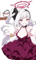 Rule 34 | 1boy, 1girl, black choker, black hairband, blue archive, blush, bracelet, breasts, choker, clearite, clenched teeth, collarbone, doodle sensei (blue archive), dress, frilled dress, frills, fur shawl, hairband, halo, highres, jewelry, long hair, looking at viewer, mutsuki (blue archive), mutsuki (dress) (blue archive), nipples, pink eyes, red dress, red halo, sensei (blue archive), shawl, simple background, sleeveless, sleeveless dress, small breasts, smile, teeth, white background, white hair