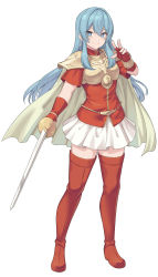 Rule 34 | 1girl, arm at side, armor, blue eyes, blue hair, blush, boots, breastplate, cape, closed mouth, eirika (fire emblem), faulds, fingerless gloves, fire emblem, fire emblem: the sacred stones, full body, gloves, grey cape, hair between eyes, highres, long hair, looking at viewer, miniskirt, nintendo, pauldrons, red footwear, red gloves, shiseki hirame, shoulder armor, skirt, smile, solo, standing, sword, thigh boots, thighhighs, very long hair, weapon, white background, white skirt, zettai ryouiki