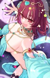 Rule 34 | 1girl, :d, arabian clothes, atelier (series), atelier sophie, black nails, blue sleeves, breasts, commentary request, dancer, detached sleeves, fingernails, highres, jewelry, large breasts, nail polish, open mouth, red eyes, red hair, ryuuno6, short hair, smile, solo, sophie neuenmuller, veil