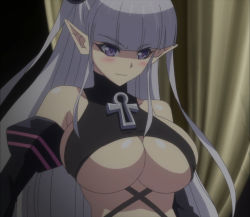 Rule 34 | 10s, breasts, cleavage, demon girl, elbow gloves, gloves, large breasts, long hair, naruse maria, purple eyes, screencap, shinmai maou no testament, silver hair, solo, two side up, underboob