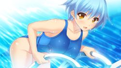 Rule 34 | 1girl, ayase hazuki, bare shoulders, blue hair, blue one-piece swimsuit, breasts, collarbone, fukami isana, game cg, kamidere, large breasts, leaning forward, legs, looking at viewer, one-piece swimsuit, open mouth, pool, short hair, smile, solo, standing, swimsuit, thighs, water, wet, yellow eyes