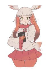 Rule 34 | 1girl, adjusting eyewear, bird girl, bird tail, bird wings, blush, commentary request, elbow gloves, frilled sleeves, frills, fur collar, glasses, gloves, head wings, highres, japanese crested ibis (kemono friends), kemono friends, long hair, long sleeves, looking at viewer, notebook, pantyhose, pleated skirt, red fur, red gloves, red hair, red pantyhose, red skirt, shirt, short hair with long locks, sidelocks, skirt, solo, tail, tosake6, white hair, white shirt, wings, yellow eyes