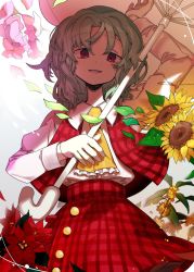 Rule 34 | 1girl, ascot, buttons, collar, collared shirt, eyes visible through hair, flower, gradient sky, green hair, grey sky, hair between eyes, hand up, ichirugi, kazami yuuka, leaf, long sleeves, looking at viewer, open clothes, open mouth, open vest, petals, pink flower, plaid, plaid skirt, plaid vest, puffy long sleeves, puffy sleeves, red eyes, red flower, red skirt, red vest, shadow, shirt, short hair, skirt, sky, smile, solo, sunflower, touhou, umbrella, vest, white shirt, white sky, white sleeves, yellow ascot