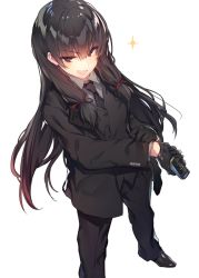 Rule 34 | 10s, alternate costume, black gloves, black hair, black necktie, black pants, boots, buttons, coat, collared shirt, dutch angle, formal, from above, gloves, grey shirt, hair ribbon, highres, isokaze (kancolle), kantai collection, long hair, looking to the side, low-tied long hair, necktie, open mouth, pants, red eyes, ribbon, shirt, sidelocks, simple background, smile, soukou makura, sparkle, standing, suit, vest, white background