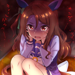 Rule 34 | 1girl, animal ears, brown hair, clutching head, ear covers, from above, hair ornament, hair ribbon, horrified, horse ears, horse girl, horse tail, king halo (umamusume), long hair, nakahira guy, nervous sweating, on floor, red eyes, ribbon, sailor collar, scared, school uniform, sitting, solo, sweat, tail, tracen school uniform, umamusume, wavy hair