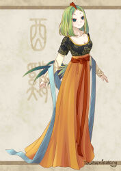 Rule 34 | 1girl, absurdres, banbi ruqun, blue eyes, breasts, chinese clothes, cleavage, collarbone, dress, english text, full body, green hair, hanfu, highres, horns, long skirt, long sleeves, medium breasts, personification, shawl, single horn, skirt, smile, solo, standing, you hu xiao lang