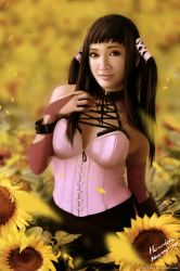 Rule 34 | 1girl, breasts, brown hair, cleavage, cosplay, cover, flower, herodees, large breasts, long hair, realistic, rosario+vampire, skirt, smile, solo, sunflower, toujou ruby, twintails