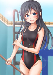 Rule 34 | 1girl, alternate costume, anti (untea9), asashio (kancolle), black hair, black one-piece swimsuit, blue eyes, breasts, broom, competition swimsuit, cowboy shot, day, highres, holding, holding broom, kantai collection, long hair, looking at viewer, one-piece swimsuit, open mouth, outdoors, pool, pool ladder, red one-piece swimsuit, small breasts, solo, sun, swimsuit