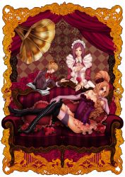 Rule 34 | 1boy, 2girls, bad id, bad pixiv id, bare shoulders, blonde hair, book, boots, bow, breasts, bridal garter, cleavage, couch, crossed legs, crown, curtains, drill hair, earrings, eask69, elbow gloves, closed eyes, flower, formal, garter belt, garter straps, gloves, hair flower, hair ornament, heart, heart-shaped pillow, highres, jewelry, long hair, maid, maid headdress, medium breasts, multiple girls, original, patterned upholstery, phonograph, pillow, purple eyes, rose, sitting, striped upholstery, suit, thigh boots, thighhighs