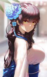 Rule 34 | 1girl, blue flower, blurry, breasts, brown eyes, brown hair, closed mouth, commentary request, depth of field, flower, girls&#039; frontline, greem bang, hair between eyes, hair flower, hair ornament, highres, japanese clothes, kimono, large breasts, long hair, looking at viewer, looking to the side, obi, plant, revision, sash, smile, solo, type 95 (girls&#039; frontline), very long hair, white kimono