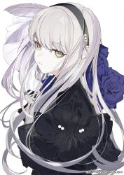 Rule 34 | 1girl, bang dream!, black dress, black hairband, blue flower, blue rose, copyright notice, dress, feathers, flower, from side, hairband, highres, long hair, looking at viewer, looking to the side, minato yukina, rose, solo, upper body, white feathers, white hair, yellow eyes, yonemuro