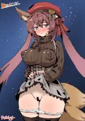 Rule 34 | absurdres, animal ears, bar censor, beret, blue eyes, blush, breasts, brown hair, caleen keemosn, censored, clothes lift, commission, covered erect nipples, dress, embarrassed, fox ears, fox girl, fox tail, hair ribbon, hat, highres, jewelry, large breasts, long hair, looking at viewer, multiple tails, necklace, nipples, no bra, panties, pants, pantyhose, pantyhose down, petitdry, puchidori, pussy, ribbon, runes, signature, skirt, skirt lift, star (symbol), star ocean, star ocean anamnesis, starry background, sweat, tail, thick thighs, thighs, turtleneck, twintails, underwear, very long hair, white panties, wide hips