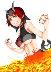 Rule 34 | 1girl, absurdres, black hair, black nails, black sports bra, blue eyes, breasts, chain, claw pose, commentary request, demon girl, demon horns, demon tail, dutch angle, ear chain, engacyo (engacyo39800yen), grin, highres, horns, large breasts, lava, looking at viewer, multicolored hair, nail polish, nanashi inc., no jacket, pointy ears, red hair, red sports bra, ryugasaki rene, ryugasaki rene (1st costume), short hair, smile, solo, sports bra, sugar lyric, tail, two-tone hair, underboob, upper body, virtual youtuber, white background