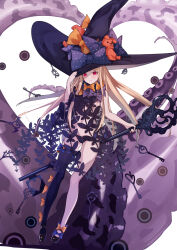 Rule 34 | 1girl, abigail williams (fate), bare shoulders, black bow, black hat, black panties, black thighhighs, blonde hair, blush, bow, breasts, fate/grand order, fate (series), full body, hair bow, hat, highres, key, long hair, looking at viewer, navel, orange bow, panties, parted bangs, polka dot, polka dot bow, red eyes, single thighhigh, small breasts, solo, tentacles, thighhighs, underwear, ura illust, witch hat