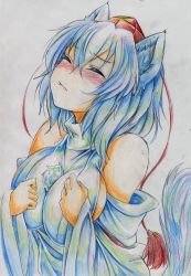 Rule 34 | 1girl, animal ears, bad id, bad pixiv id, bare shoulders, blush, breasts, clenched hand, clenched hands, colored pencil (medium), detached sleeves, closed eyes, female focus, hat, highres, inubashiri momiji, kitazinger, large breasts, looking up, short hair, solo, tail, tokin hat, touhou, traditional media, upper body, white hair, wolf ears, wolf tail