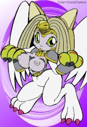 Rule 34 | armor, breasts, cat, chest plate, claws, colored skin, curvy, digimon, digimon (creature), digimon adventure 02, green eyes, large breasts, nefertimon, purple background, smile, white skin, wings
