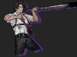 Rule 34 | 1boy, baseball bat, belt, black background, black belt, black pants, brown hair, chest harness, clenched teeth, harness, heathcliff (project moon), highres, holding, holding baseball bat, id card, limbus company, male focus, necktie, nishikujic, pants, project moon, purple eyes, red necktie, shirt, simple background, sleeves rolled up, solo, teeth, white shirt