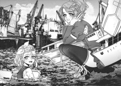 Rule 34 | 2girls, anno88888, aquila (kancolle), armpit cutout, bad id, bad twitter id, clothing cutout, cloud, greyscale, hairband, high ponytail, highres, jacket, kantai collection, long sleeves, luigi torelli (kancolle), monochrome, multiple girls, open mouth, outdoors, partially submerged, ponytail, rigging, short hair, skirt, sky, squatting, swimsuit, thighhighs, water, wet