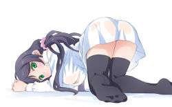 Rule 34 | 10s, 1girl, all fours, bad id, bad pixiv id, black thighhighs, breasts, chizuna n, from behind, green eyes, hanging breasts, long hair, looking at viewer, looking back, love live!, love live! school idol project, purple hair, solo, thighhighs, tojo nozomi, twintails