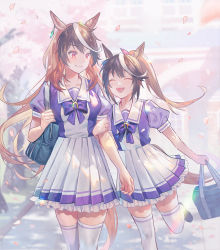 Rule 34 | 2girls, :d, animal ears, bag, breasts, brown hair, closed eyes, commentary request, frilled skirt, frills, handbag, highres, holding another&#039;s arm, holding strap, horse ears, horse girl, horse tail, lino chang, long hair, looking at another, medium breasts, multicolored hair, multiple girls, open mouth, pleated skirt, ponytail, purple shirt, red eyes, school uniform, shirt, short sleeves, shoulder bag, skirt, smile, streaked hair, symboli rudolf (umamusume), tail, thighhighs, tokai teio (umamusume), tracen school uniform, umamusume, very long hair, white hair, white skirt, white thighhighs