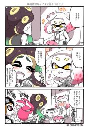 Rule 34 | 2boys, 2girls, :3, ^^^, ^ ^, beanie, blush, cellphone, chair, clenched hand, closed eyes, commentary request, crop top, crown, dress, eromame, fang, fingerless gloves, gloves, hat, inkling, inkling boy, inkling girl, inkling player character, marina (splatoon), mole, multiple boys, multiple girls, nintendo, no eyes, octoling, open mouth, own hands together, pantyhose, pearl (splatoon), phone, pointy ears, sharp teeth, sitting, sleeveless, smartphone, splatoon (series), splatoon 2, symbol-shaped pupils, table, teeth, tentacle hair, translation request, twitter username, zipper, zipper pull tab