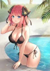 Rule 34 | 1girl, absurdres, bare arms, bare shoulders, bikini, black bikini, black ribbon, blue eyes, blunt bangs, blush, breasts, butterfly hair ornament, cleavage, collarbone, commentary request, fingernails, go-toubun no hanayome, hair ornament, halterneck, hand up, highres, large breasts, leaning forward, lens flare, looking at viewer, mizukanayuki, nail polish, nakano nino, palm tree, parted lips, pink hair, pool, poolside, ribbon, short hair, side-tie bikini bottom, signature, solo, standing, string bikini, swimsuit, tree, twitter username, two side up, water