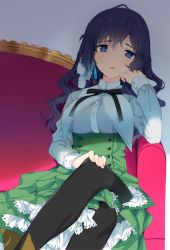Rule 34 | 1girl, arm support, bad id, bad pixiv id, black hair, black pantyhose, blue eyes, breasts, couch, crossed legs, donacoo, dress, earrings, fingernails, green skirt, high-waist skirt, jewelry, large breasts, long skirt, original, pantyhose, red upholstery, shirt, sitting, skirt, solo, wavy hair, yuuhi homare