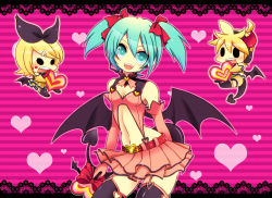 Rule 34 | 1boy, 2girls, aqua eyes, aqua hair, belt, blonde hair, breasts, chibi, cleavage cutout, clothing cutout, d (pixiv544157), demon tail, demon wings, elbow gloves, garter straps, gloves, hatsune miku, headset, heart, heart cutout, heart hunter, kagamine len, kagamine rin, multiple girls, navel, project diva, project diva (series), short hair, skirt, tail, thighhighs, twintails, vocaloid, wings