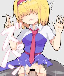 Rule 34 | 1boy, 1girl, ^^^, alice margatroid, bar censor, between breasts, black pantyhose, blonde hair, blue dress, breasts, capelet, censored, cigarette, clothed sex, clothing aside, collared capelet, commentary, cookie (touhou), cowboy shot, dress, frilled hairband, frills, grey background, hair between eyes, hair over eyes, hairband, hetero, holding, holding cigarette, hospital king, jigen (cookie), long bangs, medium breasts, medium hair, necktie, necktie between breasts, panties, panties aside, pantyhose, penis, pussy, red hairband, red necktie, red sash, sash, sex, simple background, solo focus, torn clothes, torn pantyhose, touhou, underwear, vaginal, white capelet, white panties