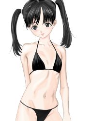 Rule 34 | bikini, black bikini, black eyes, black hair, flat chest, highres, lowleg, lowleg bikini, mk (chiko1015), simple background, solo, string bikini, swimsuit, twintails
