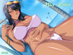 Rule 34 | 1girl, bare shoulders, bikini, blush, bracelet, breasts, chair, character name, cleavage, covered erect nipples, dark-skinned female, dark skin, day, dutch angle, eyewear on head, female focus, highres, jewelry, kagami hirotaka, large breasts, lipstick, long hair, looking at viewer, lounge chair, makeup, navel, nico robin, one piece, palm tree, parted lips, shiny skin, sitting, solo, sunglasses, swimsuit, tree, wallpaper