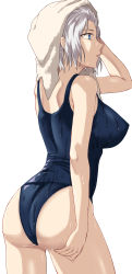 Rule 34 | 1girl, arm at side, ass, blue eyes, blue one-piece swimsuit, breasts, commentary, cowboy shot, drying, drying hair, from side, highres, holding, holding towel, large breasts, looking away, one-piece swimsuit, original, profile, rororo, school swimsuit, short hair, simple background, solo, standing, swimsuit, towel, wet, wet clothes, wet hair, wet swimsuit, white background, white hair