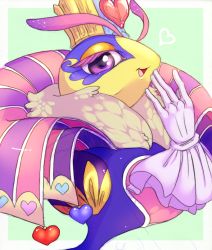 Rule 34 | 1girl, arthropod girl, border, crown, gloves, green background, halgalaz, high collar, insect wings, kirby: triple deluxe, kirby (series), nintendo, open mouth, purple eyes, queen sectonia, smile, solo, white border, wings