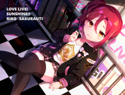 Rule 34 | 1girl, alternate hairstyle, black jacket, black thighhighs, bow, bracelet, candy, character name, checkered floor, copyright name, dutch angle, food, goroo (eneosu), hair between eyes, hair ornament, hairclip, highres, jacket, jewelry, knees together feet apart, licking lips, lollipop, long sleeves, looking at viewer, love live!, love live! school idol festival, love live! sunshine!!, miniskirt, on floor, orange hair, plaid, plaid skirt, print shirt, red hair, sakurauchi riko, shirt, side ponytail, skirt, smile, solo, thighhighs, tongue, tongue out, ||/