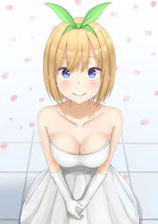 Rule 34 | 1girl, bare shoulders, blonde hair, blue eyes, blush, breasts, cherry blossoms, cleavage, collarbone, dress, elbow gloves, female focus, gloves, go-toubun no hanayome, hair ornament, hair ribbon, highres, looking at viewer, nakano yotsuba, petals, plu xx, ribbon, short hair, solo, standing, wedding dress, white background