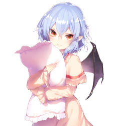 Rule 34 | 1girl, bat wings, blue hair, capelet, commentary request, kinketsu, long sleeves, looking at viewer, nightgown, hugging object, pillow, pillow hug, pink eyes, pointy ears, remilia scarlet, solo, touhou, wings