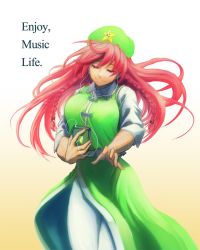 Rule 34 | beret, braid, cellphone, chinese clothes, earbuds, earphones, closed eyes, hat, hong meiling, koyubi (littlefinger1988), long hair, phone, red hair, scar, simple background, smartphone, solo, star (symbol), touhou, twin braids, white background