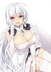 Rule 34 | 1girl, ahoge, azur lane, blush, breasts, commentary request, dress, elbow gloves, from above, garter straps, gloves, hair ribbon, highres, holding hands, illustrious (azur lane), large breasts, lips, long hair, looking at viewer, low ponytail, low twintails, mole, mole under eye, nose blush, open mouth, out of frame, pov, pov hands, ribbon, short dress, sidelocks, sitting, solo focus, strapless, strapless dress, thighhighs, tress ribbon, tri tails, twintails, white dress, white gloves, white hair, white thighhighs, yappen