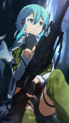 Rule 34 | 10s, 1girl, anti-materiel rifle, blue eyes, blue hair, bolt action, fingerless gloves, gloves, green thighhighs, gun, hair ornament, hairclip, highres, matching hair/eyes, official style, on one knee, pgm hecate ii, rifle, scarf, short hair, shorts, sinon, sitting, sniper rifle, solo, sword art online, thigh strap, thighhighs, weapon, yachimoto