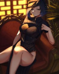Rule 34 | 1girl, absurdres, alternate costume, bare legs, black dress, blue hair, bob cut, breasts, china dress, chinese clothes, closed mouth, couch, diagonal bangs, dress, elbow rest, genshin impact, green eyes, highres, knee up, large breasts, looking at viewer, lulanoon, multicolored hair, no panties, on couch, pelvic curtain, short sleeves, sitting, smile, solo, two-tone hair, yelan (genshin impact)