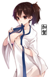 Rule 34 | 10s, 1girl, breasts, brown eyes, brown hair, character name, highres, kaga (kancolle), kantai collection, large breasts, looking at viewer, mouth hold, sherypton, short hair, side ponytail, simple background, solo