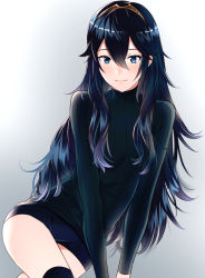 Rule 34 | 1girl, ameno (a meno0), blue eyes, blue hair, blue shorts, blue sweater, blush, casual, closed mouth, crossed legs, fire emblem, fire emblem awakening, hair between eyes, lips, long hair, long sleeves, looking at viewer, lucina (fire emblem), nintendo, pink lips, ribbed sweater, short shorts, shorts, simple background, sitting, smile, solo, sweater, symbol-shaped pupils, thighhighs, thighs, tiara, turtleneck, turtleneck sweater