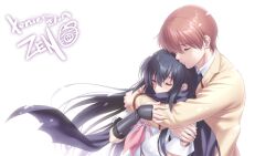 Rule 34 | 1boy, 1girl, angel beats!, arms around neck, black hair, black scarf, blush, brown hair, closed eyes, commentary, commission, couple, elbow gloves, english commentary, eyelashes, fingerless gloves, fingernails, game cg, gloves, hair between eyes, hand on another&#039;s arm, hetero, highres, hug, hug from behind, jacket, long hair, neckerchief, nose, otonashi yuzuru, paid reward available, parted lips, pink neckerchief, profile, scarf, school uniform, second-party source, shiina (angel beats!), shirt, short hair, short sleeves, signature, simple background, skeb commission, straight hair, very long hair, white background, white shirt, wind, wind lift, yellow jacket, zen (kamuro)